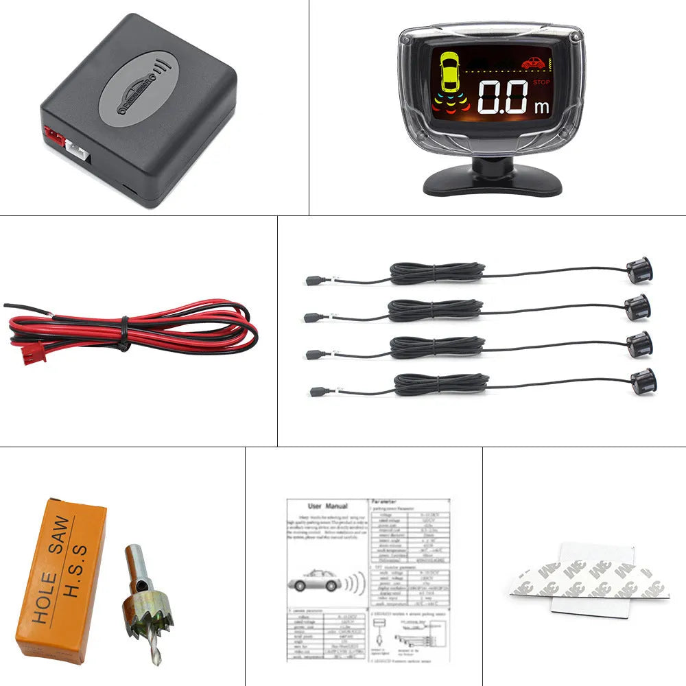 Wireless reversing sensor system with digital display and four ultrasonic probes for vehicle installation