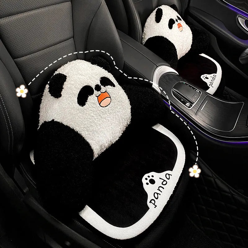 Plush cartoon panda car seat cushion set with front and rear covers, backrest, headrest, and lumbar support in winter design