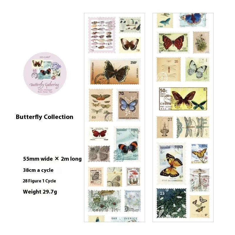 Roll of 55mm wide coated paper stamp for journal decoration with retro butterfly, forest, bird and mushroom designs