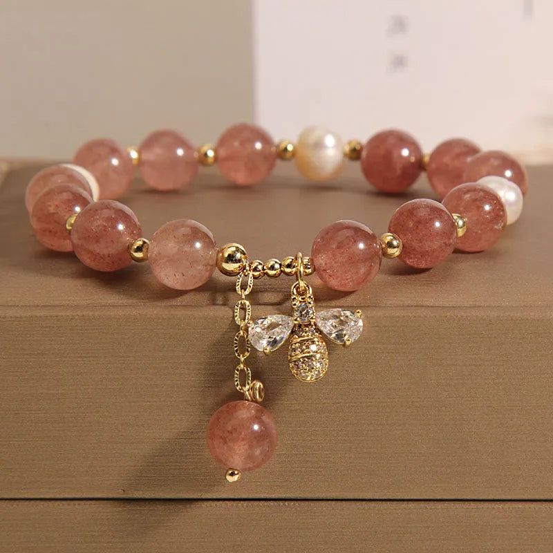 Strawberry quartz freshwater pearl bracelet with zircon alloy clasp in Japanese Korean style