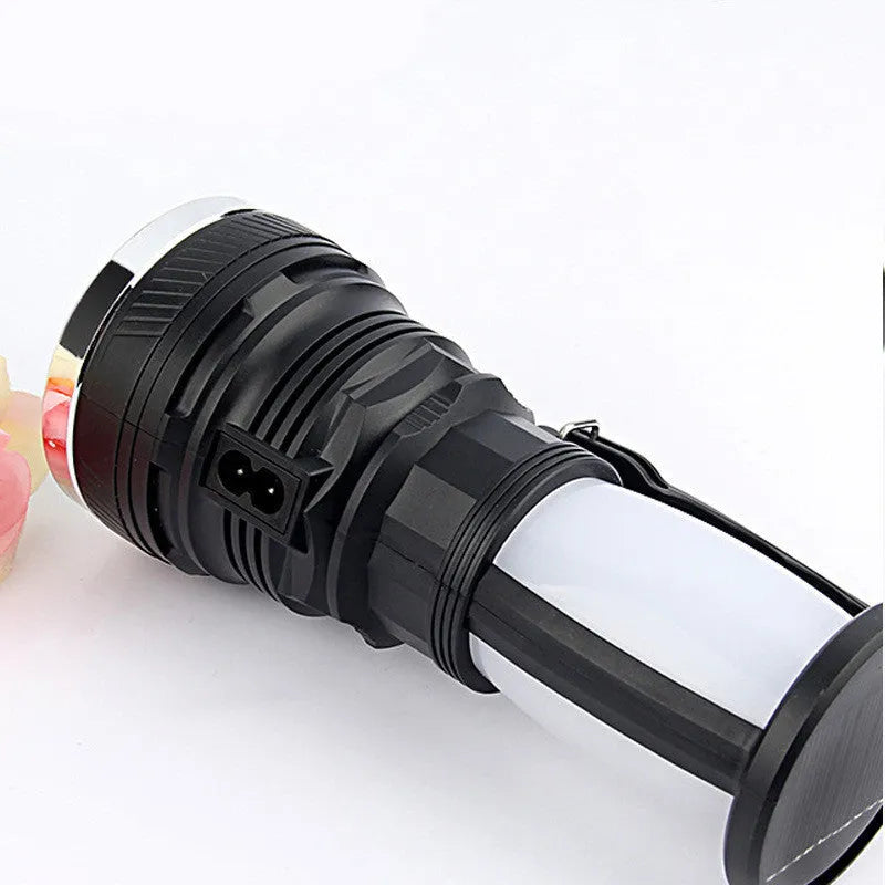 Black solar-powered LED emergency flashlight with USB charging port