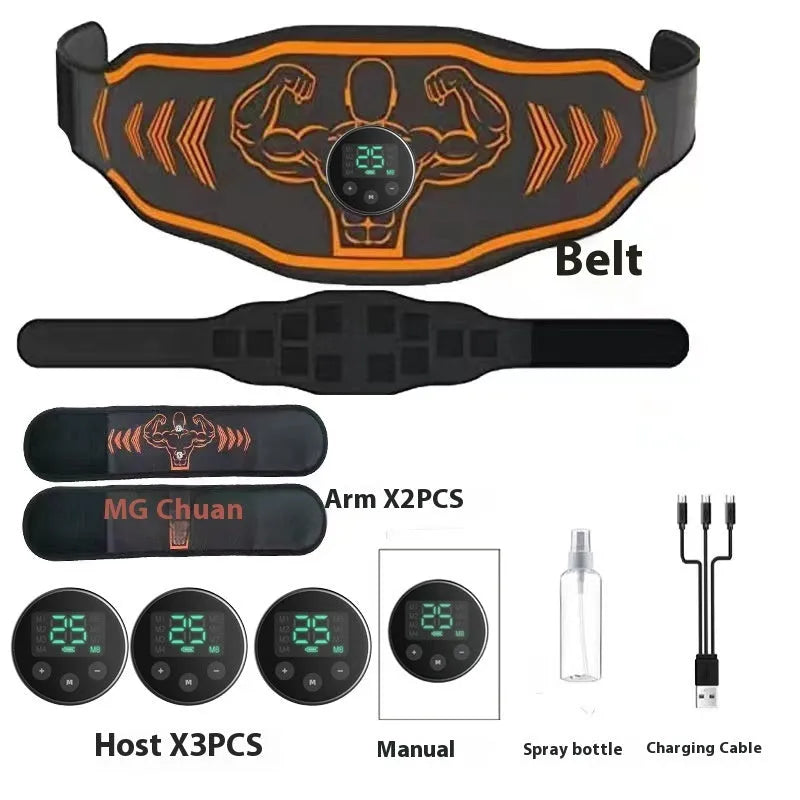 Smart EMS massage fitness belt with arm pads in blue and orange colour options