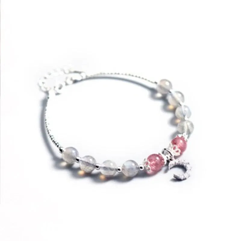 Natural moonstone handmade bracelet with adjustable length and crescent moon detail