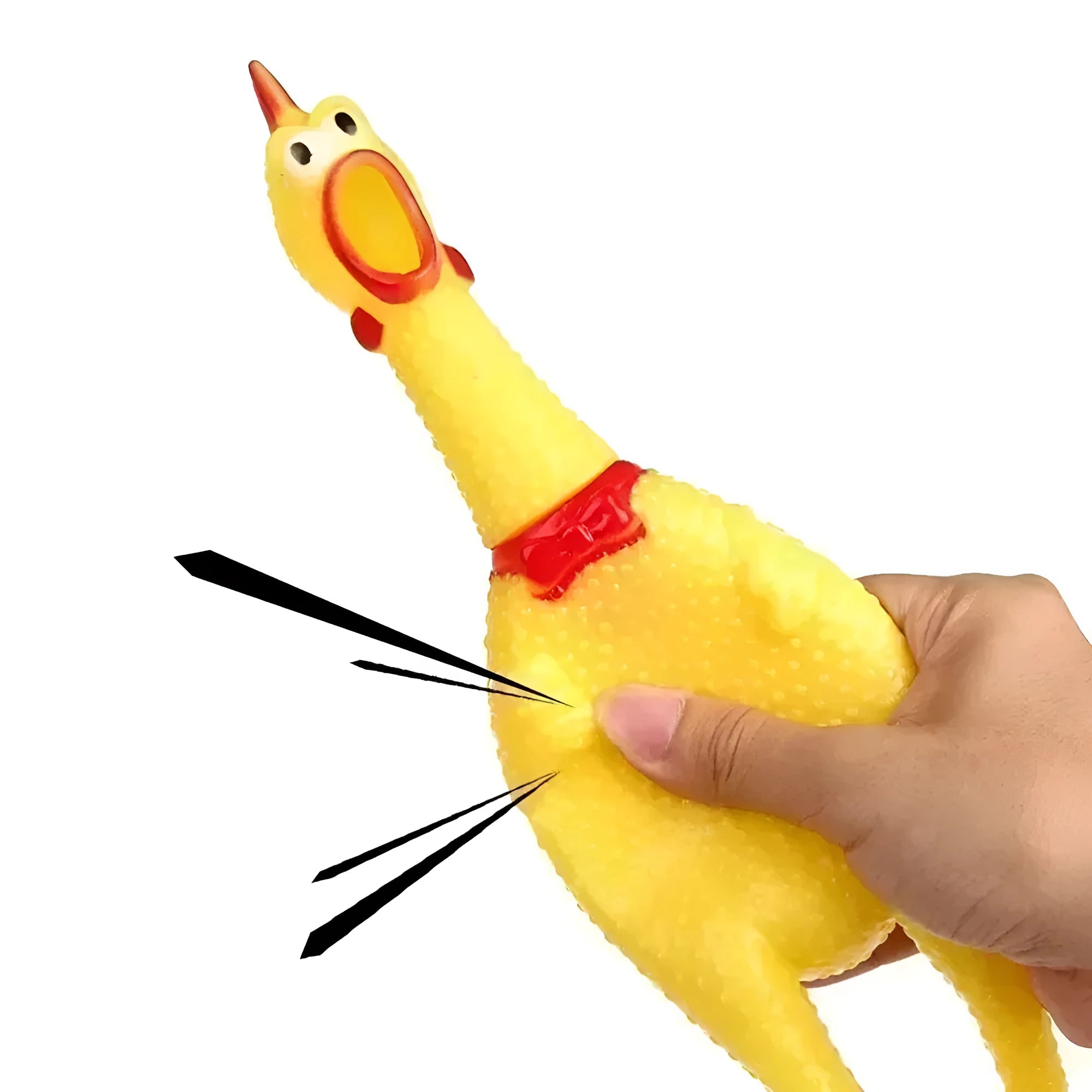 Yellow rubber squeaky chicken dog chew toy shown in three different sizes on a white background.