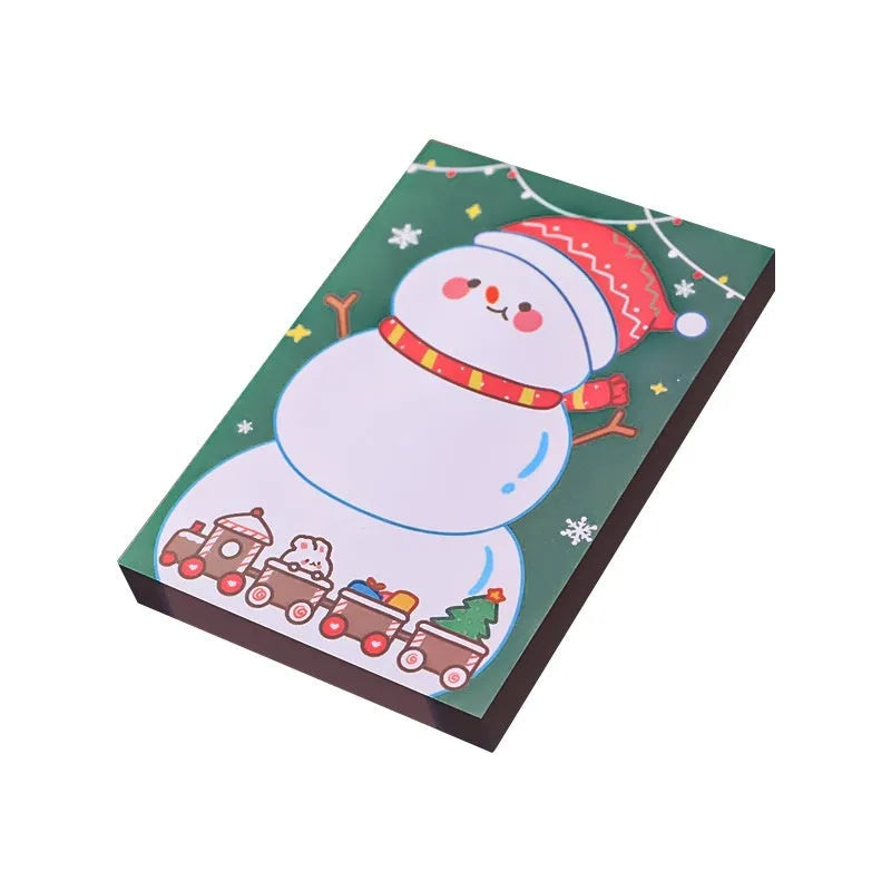 Christmas sticky notes pad with Santa Claus, elf, gift, sled, snowman, bear, house, and crystal ball designs