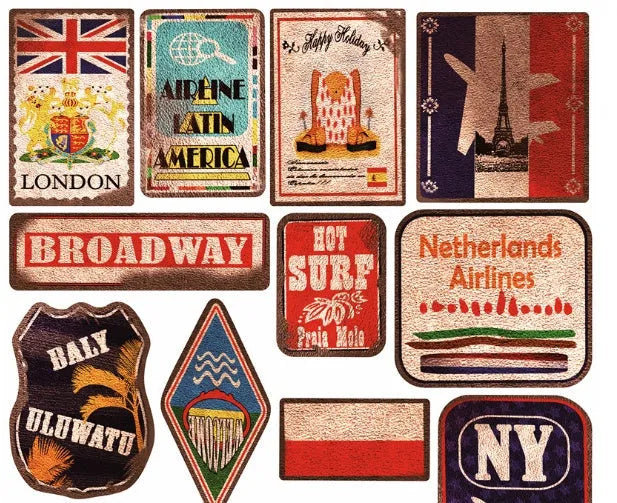 Set of 36 large retro beach theme vinyl stickers with surfing and travel designs on a white background.