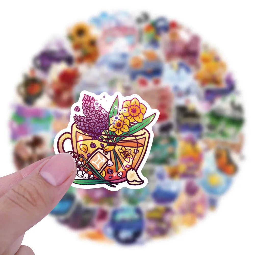 Waterproof vinyl stickers with colourful tea cup graffiti design in Nordic style, 50-piece pack