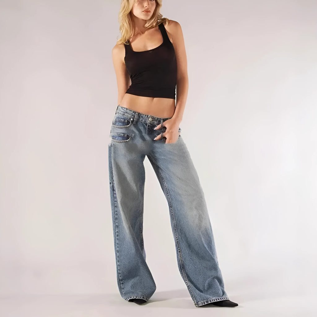 Blue cotton loose straight wide leg mop trousers with low waist and splicing details