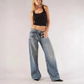 Blue cotton loose straight wide leg mop trousers with low waist and splicing details