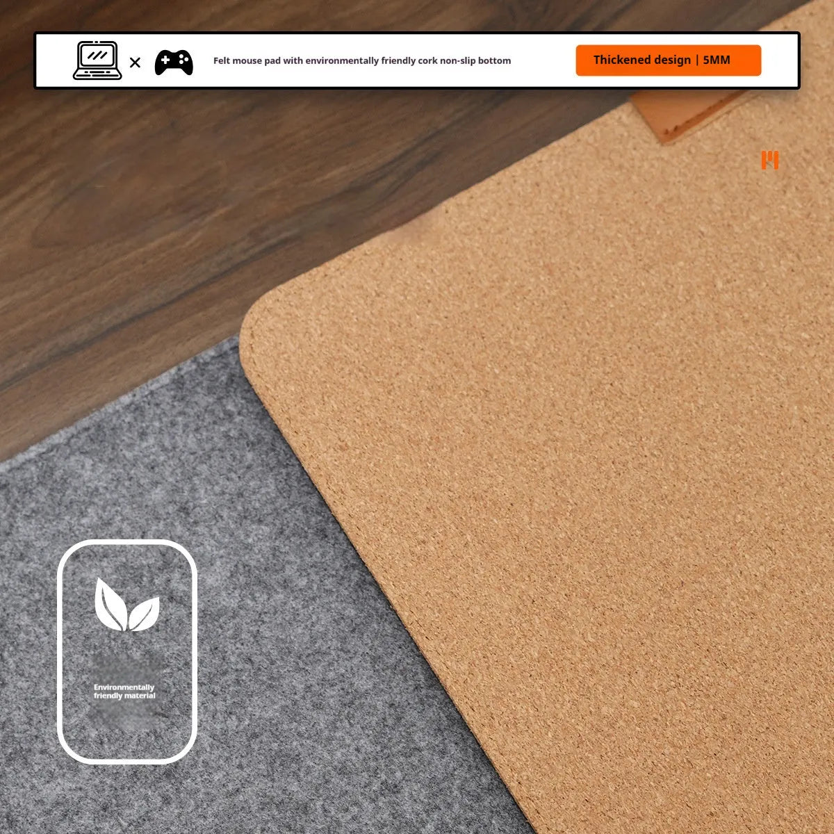 Japanese style grey felt cork oversized desk mouse mat with non-slip base.