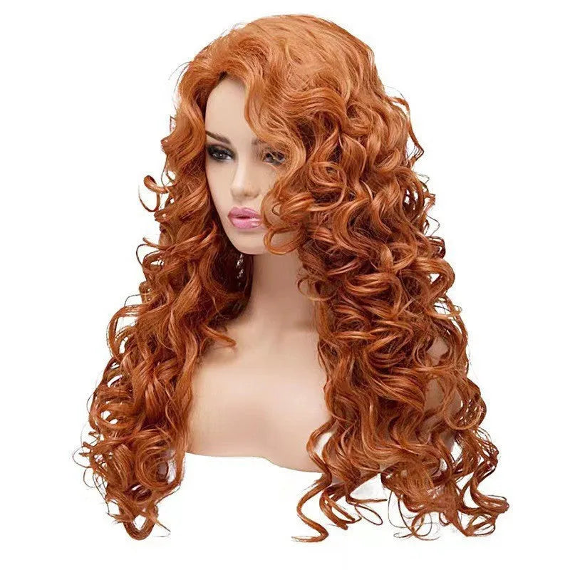 Brown long wavy curly costume wig with fluffy texture on a wig head
