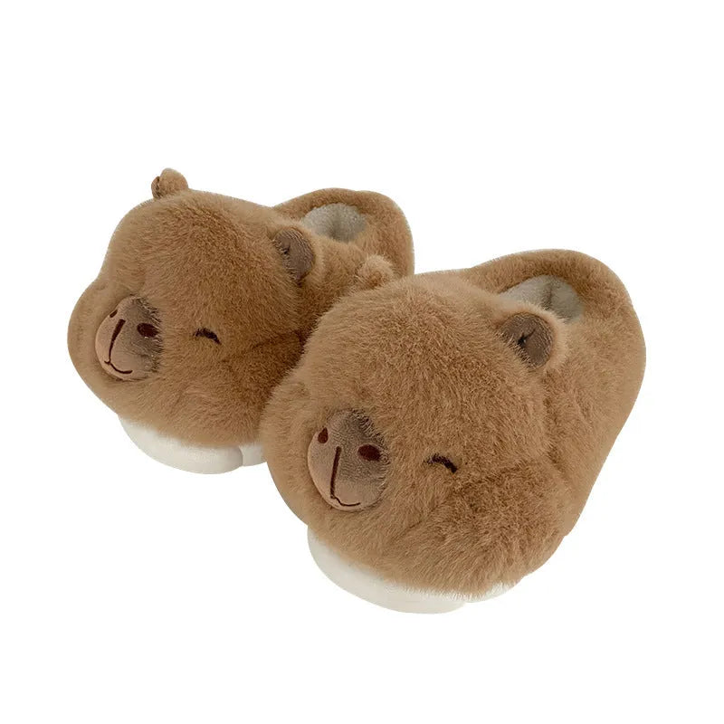 Light brown women's winter plush slippers with artificial wool lining and PVC sole