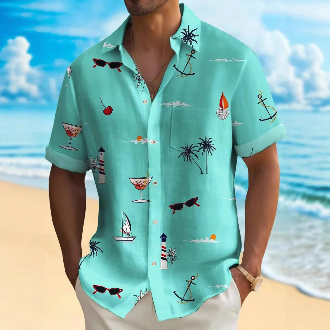Man wearing a loose-fit, short-sleeve Hawaiian shirt with a colourful digital print pattern.