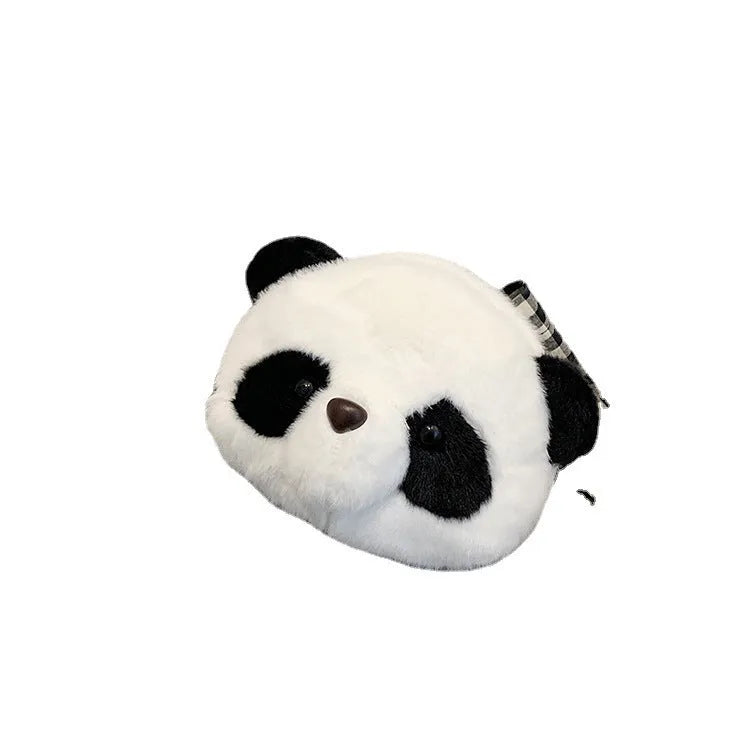 Soft plush cylindrical crossbody bag with panda head print, showing sandwich pocket