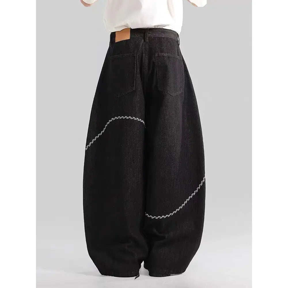 Black straight-leg denim trousers with micro-elastic stretch for men's autumn winter casual wear