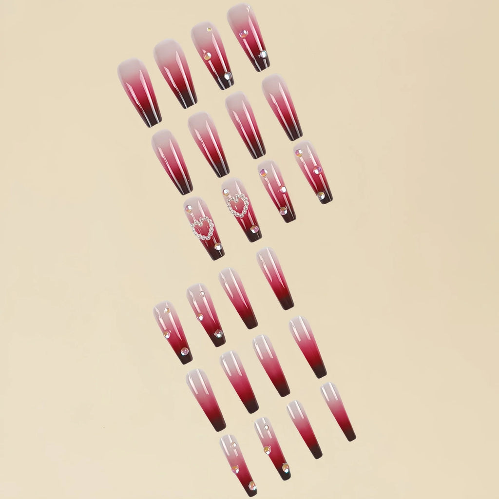 Wine red gradient fake nail tips with pearl heart design and plaid pattern in long ballet style