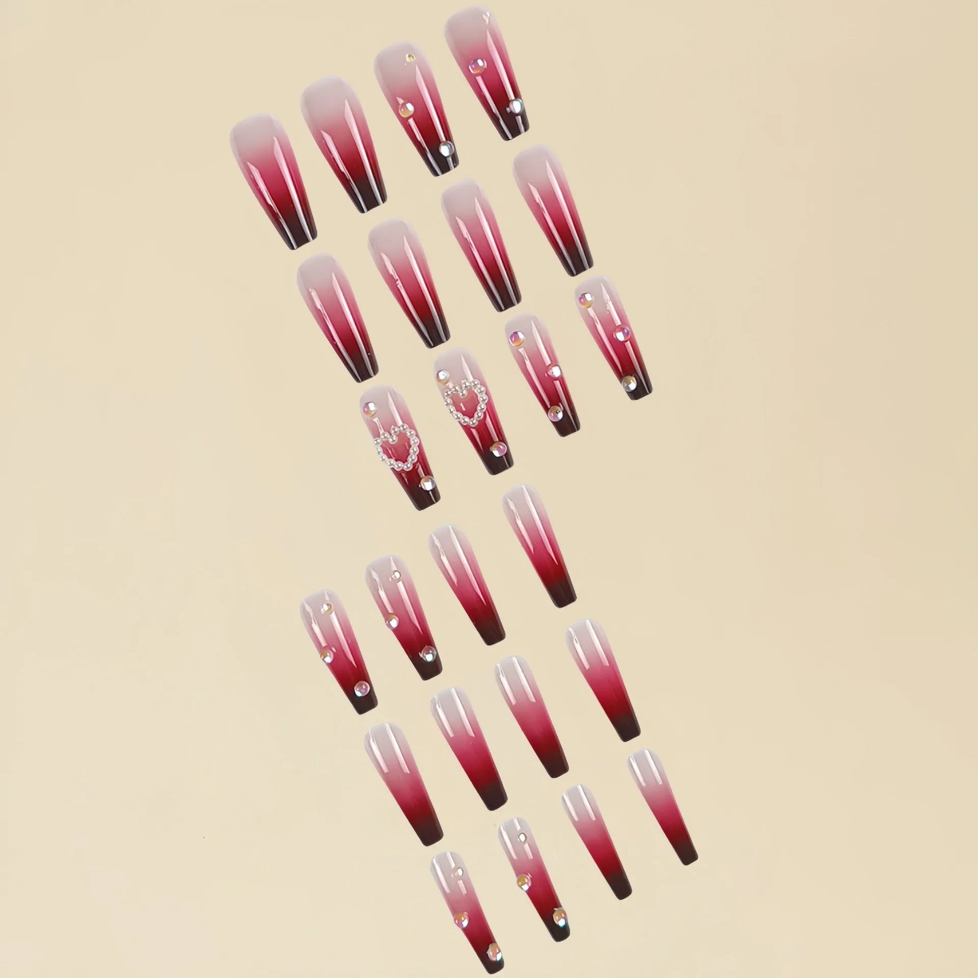 Wine red gradient fake nail tips with pearl heart design and plaid pattern in long ballet style