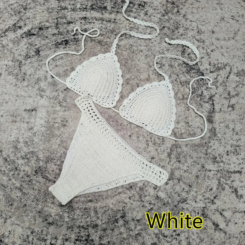 Women's 3-piece handmade crochet bikini set with nylon lining in solid colour options for beach and swimming.