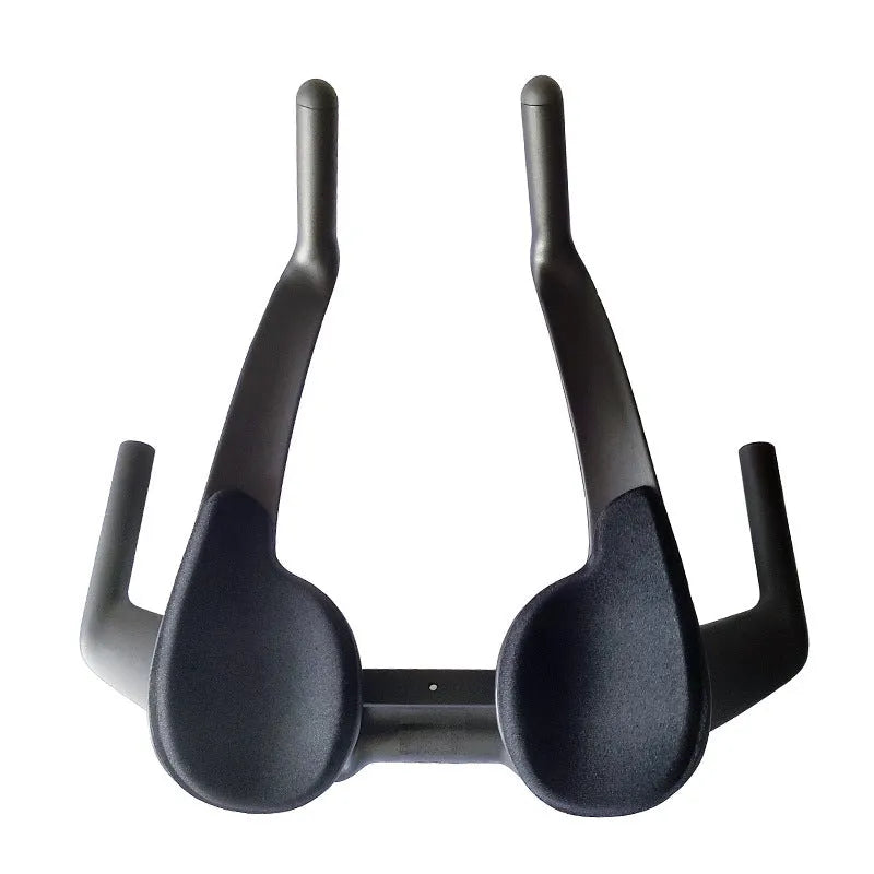 Black carbon fibre time trial bicycle handlebar with aerobar extensions, shown from the side.