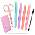 Professional 6-piece stainless steel eyebrow tweezer set with curved scissors and leather case