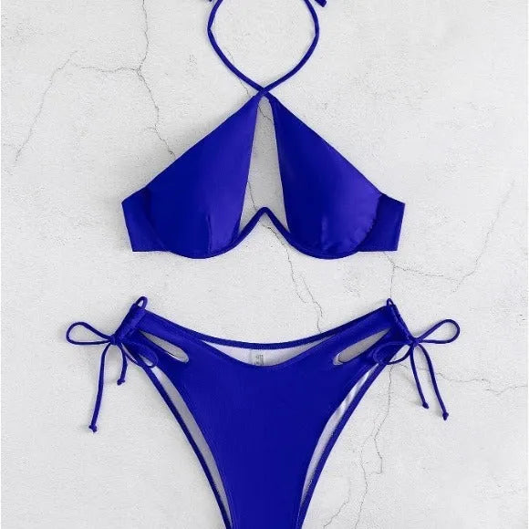 Brown women's halter-neck bikini top and briefs bottom on a mannequin.