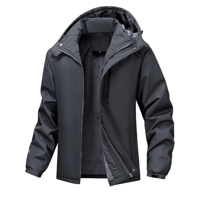 Man wearing a plus size Army Green waterproof hooded coat outdoors.