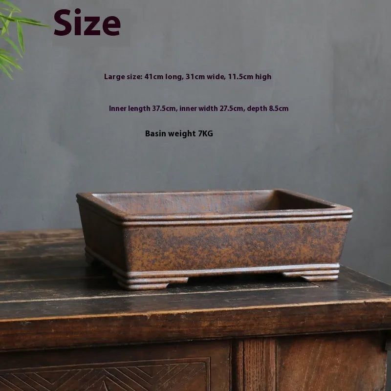 Purple sand rectangular bonsai pot with traditional five-line basin design for pine and cypress plants