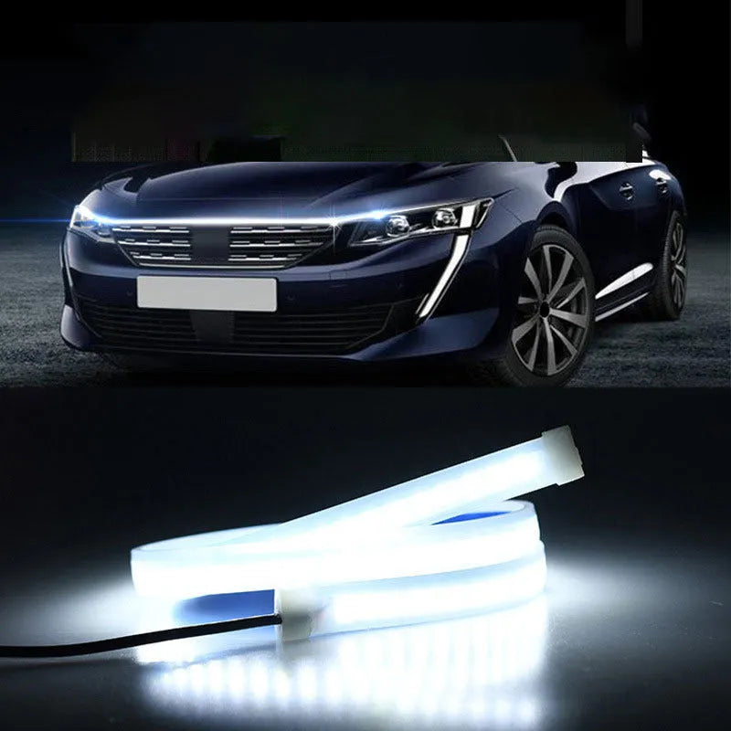 Flexible PVC LED light strip for installing on General Motors car engine covers, showing different colour options.