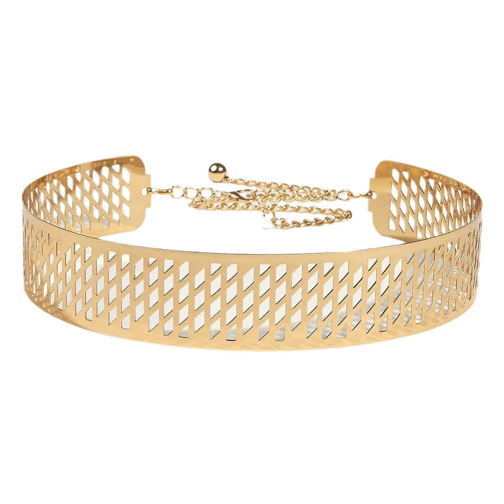 Gold punk waist chain belt with alloy buckle, 105cm long and 4.5cm wide.