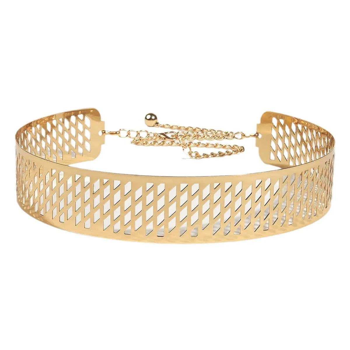 Gold punk waist chain belt with alloy buckle, 105cm long and 4.5cm wide.