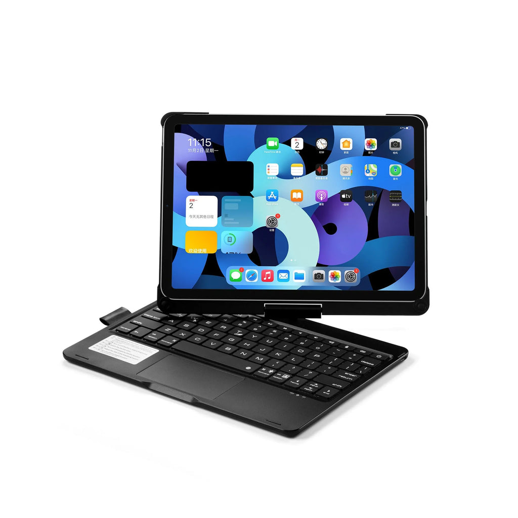 Rotating Bluetooth keyboard with touch backlight showing black, rose gold, and silver colour options