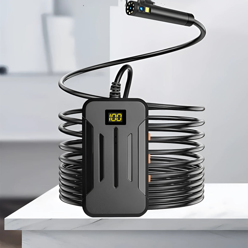 F300 wireless dual lens endoscope with IP68 waterproof rating and 20-metre cable next to hook and magnet accessories.
