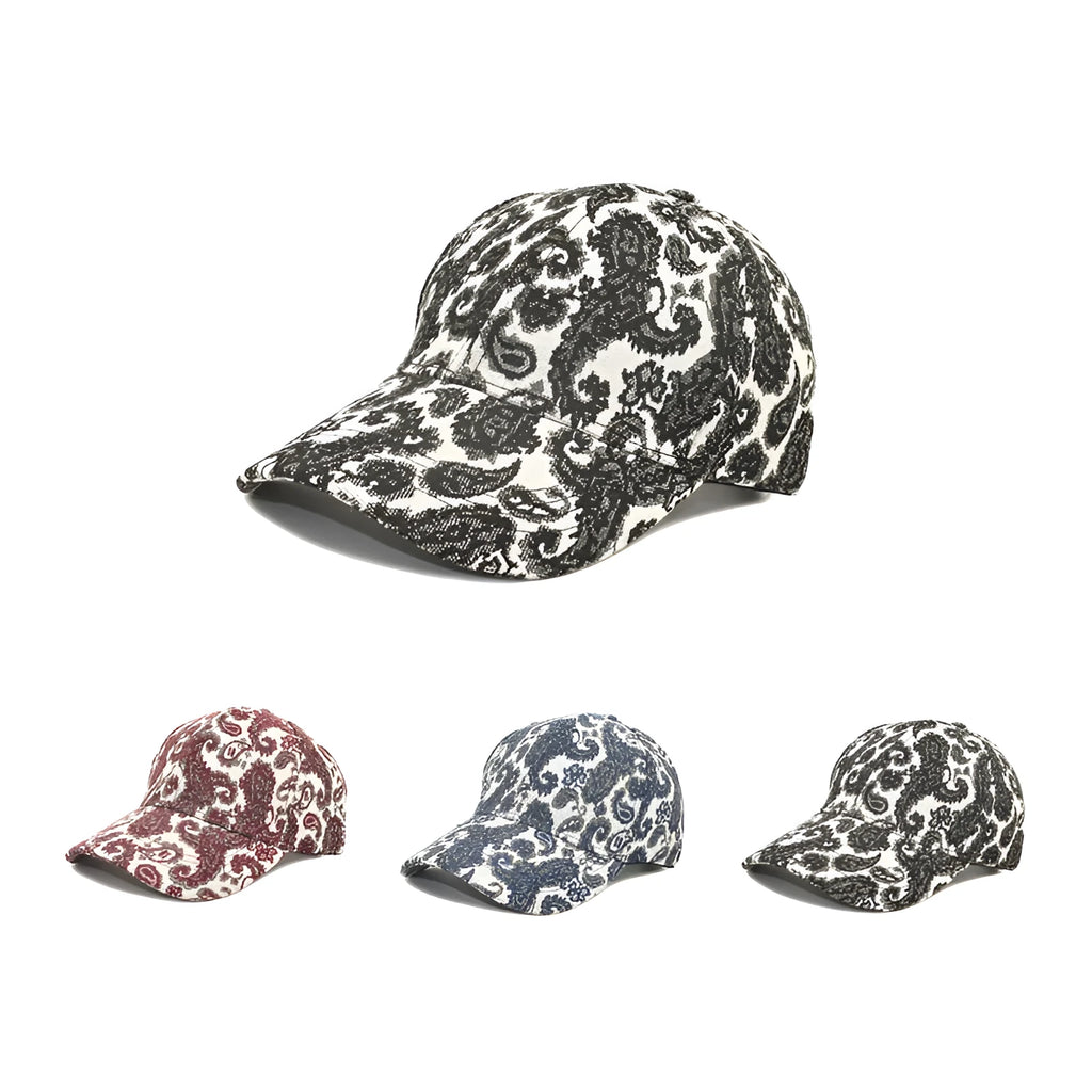 Polyester baseball cap with paisley pattern in blue colour showing dome crown design