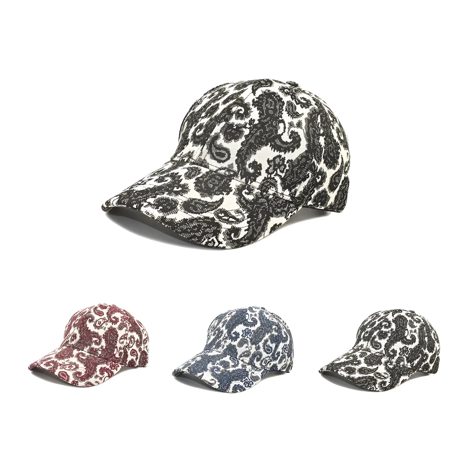 Polyester baseball cap with paisley pattern in blue colour showing dome crown design