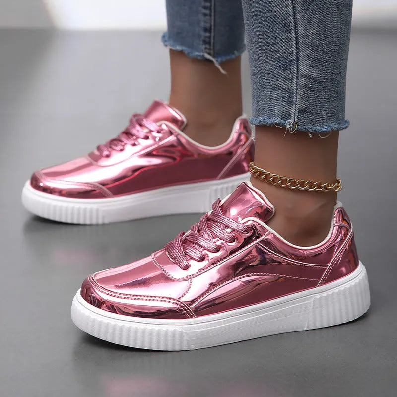 Sparkling gold sequinned platform sneakers with a round toe and thick MD sole.