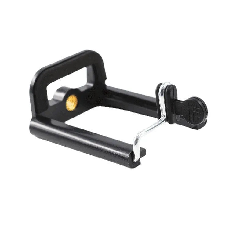 Black plastic universal mobile phone holder with U-clip bracket for attaching to cylindrical surfaces