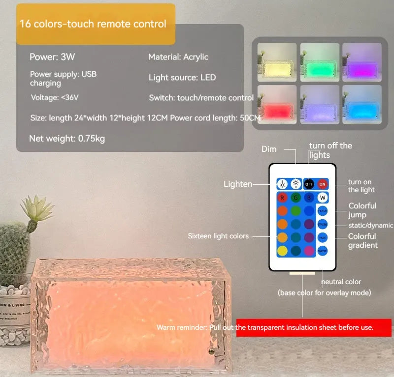 Clear acrylic ice cube shaped night lamp with geometric design and touch controls