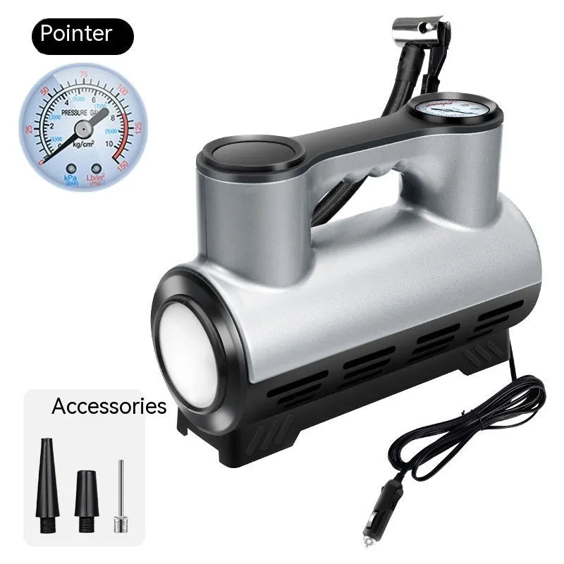 12V portable car tyre inflator with digital display and ABS housing alongside three air nozzles