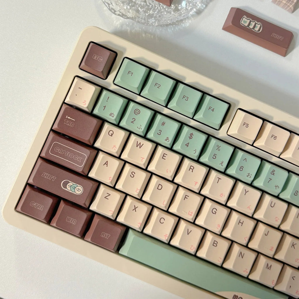 Matcha green theme mechanical keyboard keycaps with ergonomic CAP adaptive shafts on a white background.