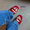 Leather square-head outdoor slippers with rubber sole in black, shown in sizes 35-42.