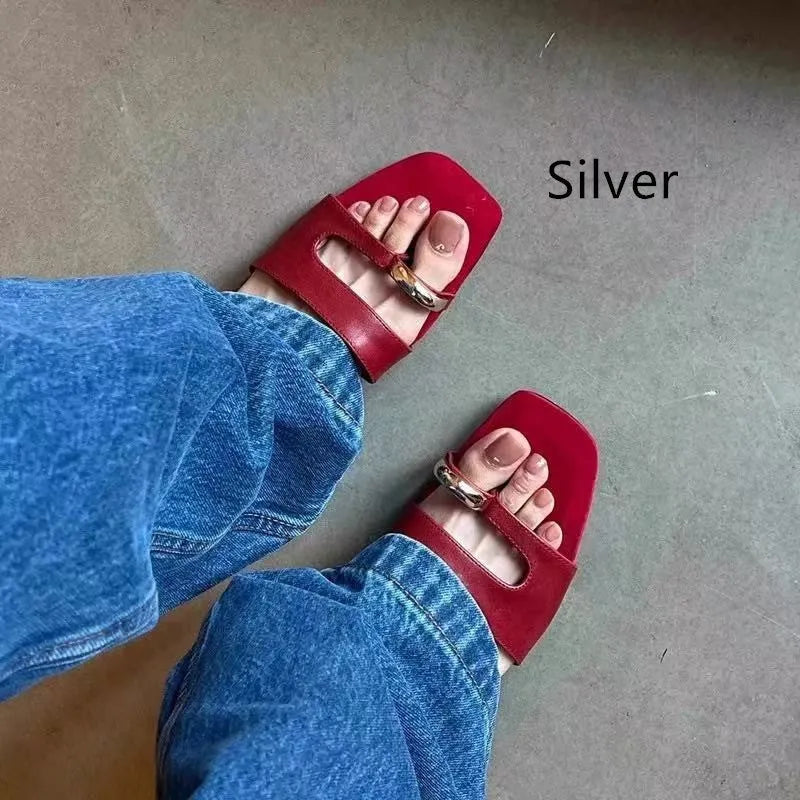 Leather square-head outdoor slippers with rubber sole in black, shown in sizes 35-42.