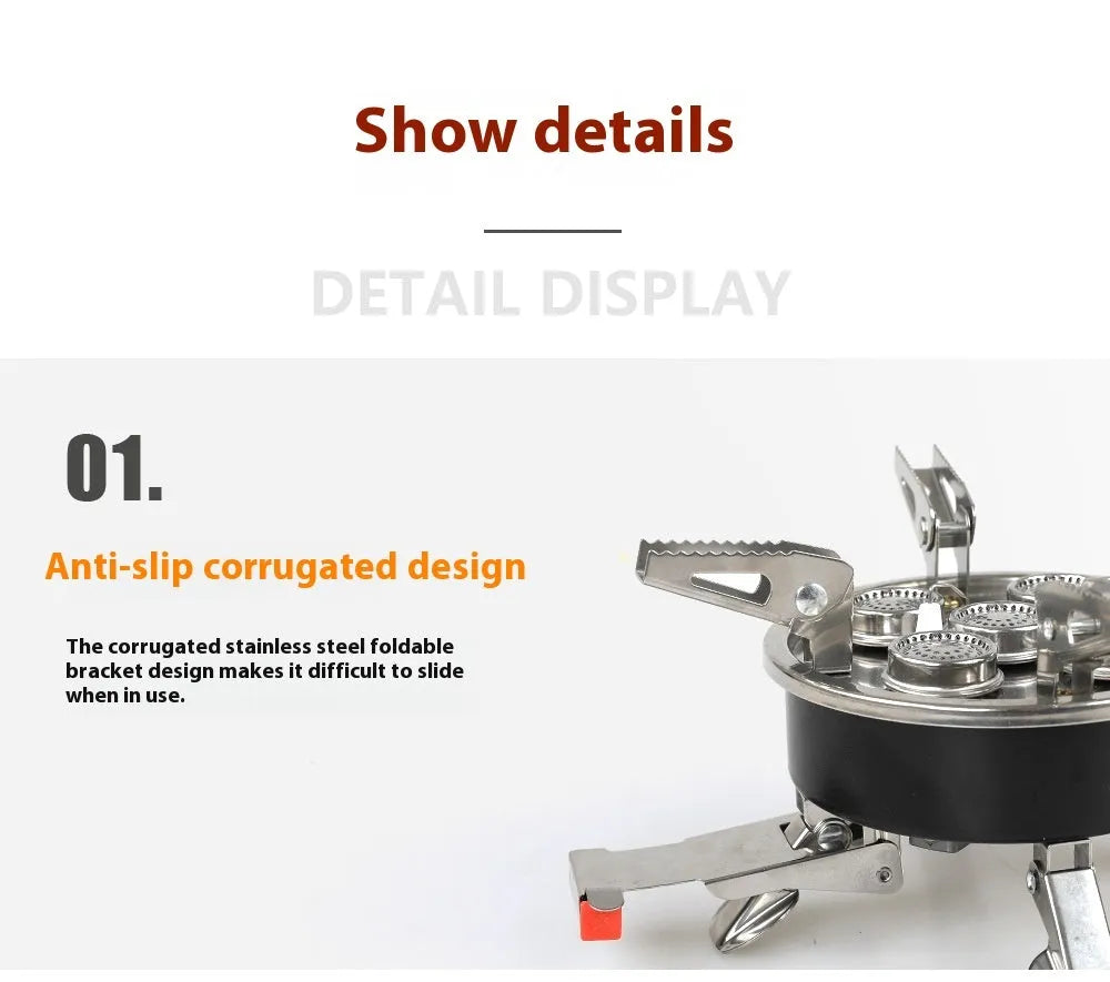 Silver stainless steel and copper portable split camping stove with foldable design and 100cm hose