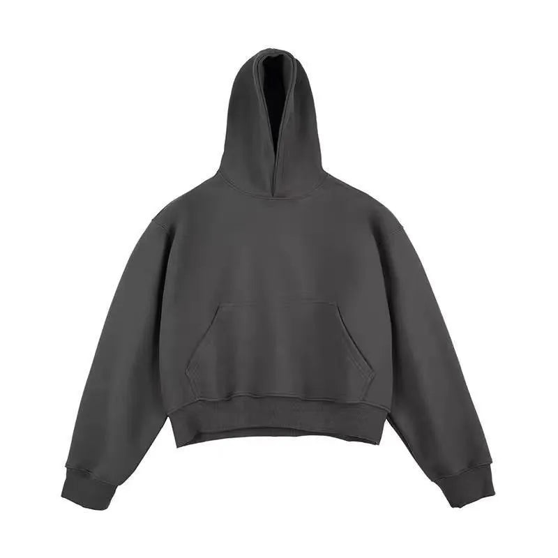 Short black Chinese cotton composite velvet hooded sweater with a removable hood on a hanger.