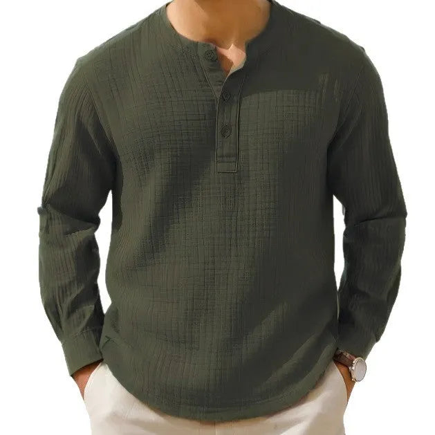 Men's slim fit linen blend 3/4 sleeve shirt in Army Green colour