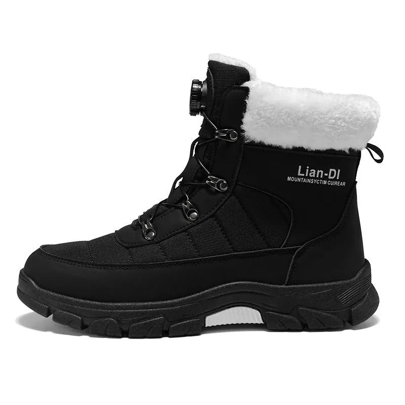Men's fleece-lined warm snow boots in black with artificial PU upper and round toe design