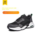 Black mesh breathable labour insurance safety shoes with anti-smash anti-puncture features and a soft PU sole.