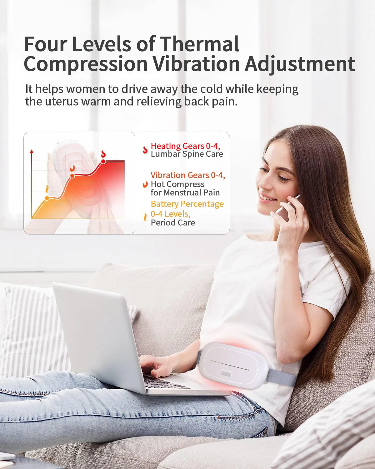 White uterine warming device with adjustable controller and fastening strap.