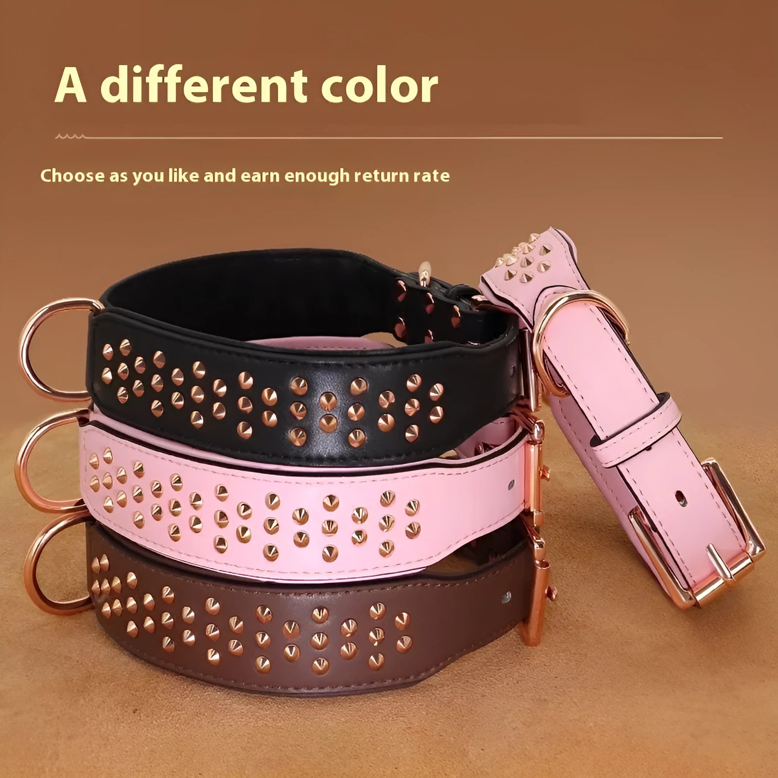 Leather dog collar with metal rivet studs in black, chocolate, or pink colour for large dogs.