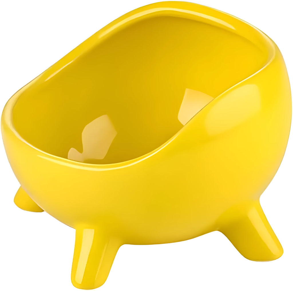 Green ceramic pet food bowl with four stabilising legs and wide opening