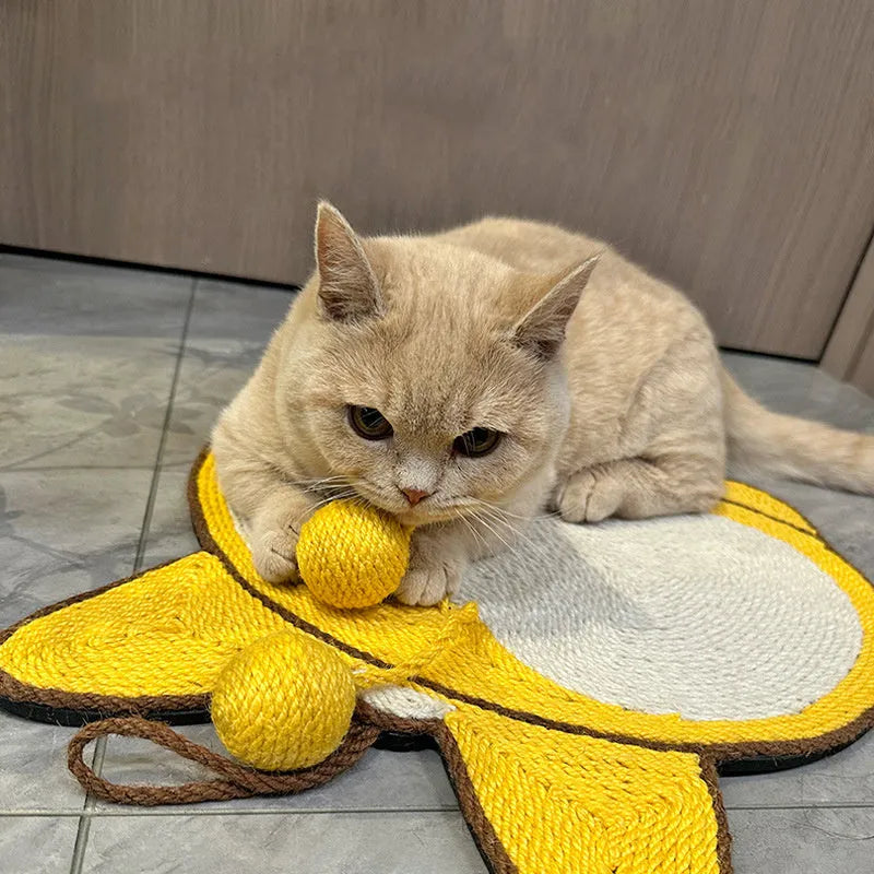 Yellow cat scratching board with a corgi butt design, made from natural sisal with an anti-slip base.